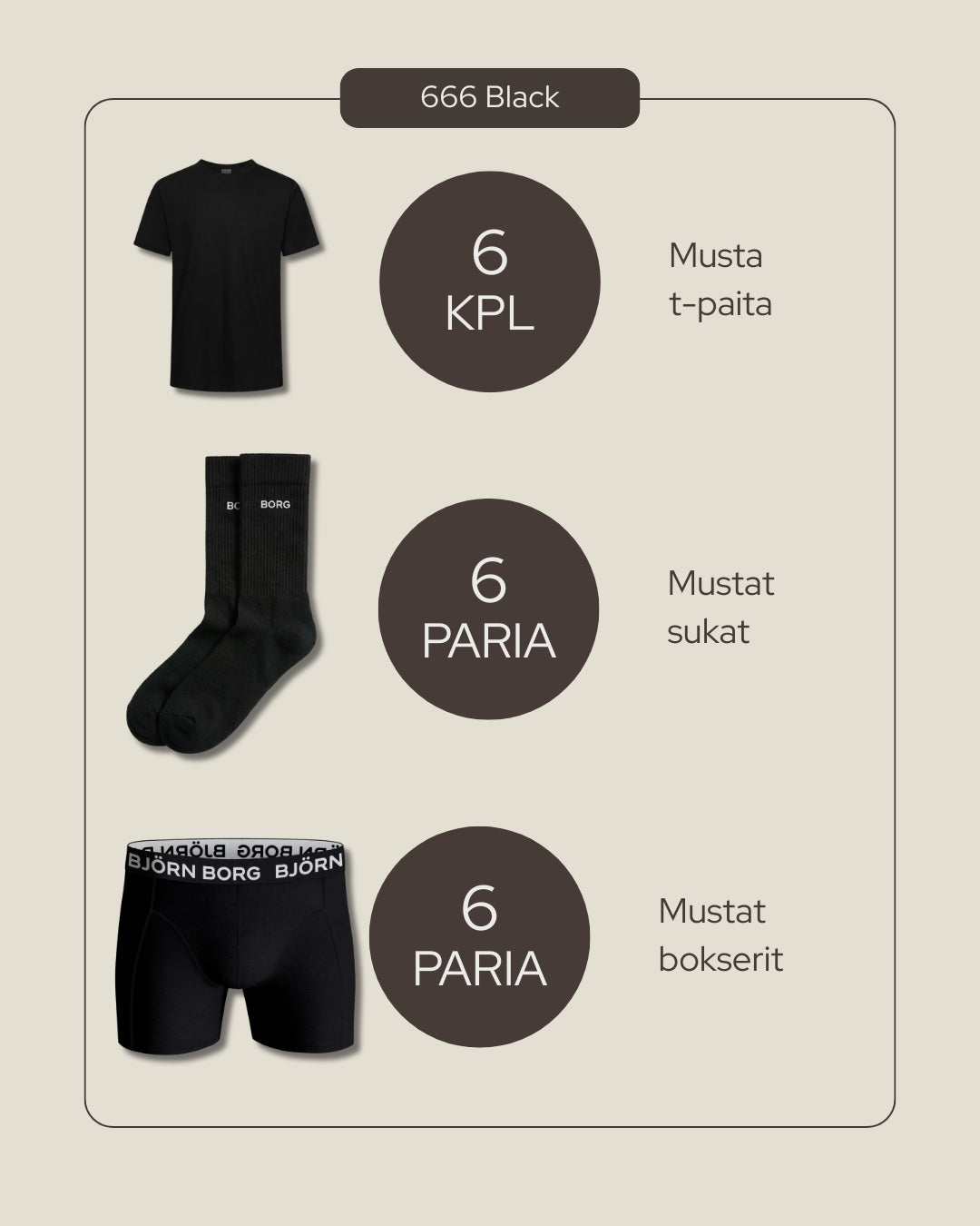 666 Black -boksi (6 t-paitaa, 6 bokserit, 6 paria sukkia)