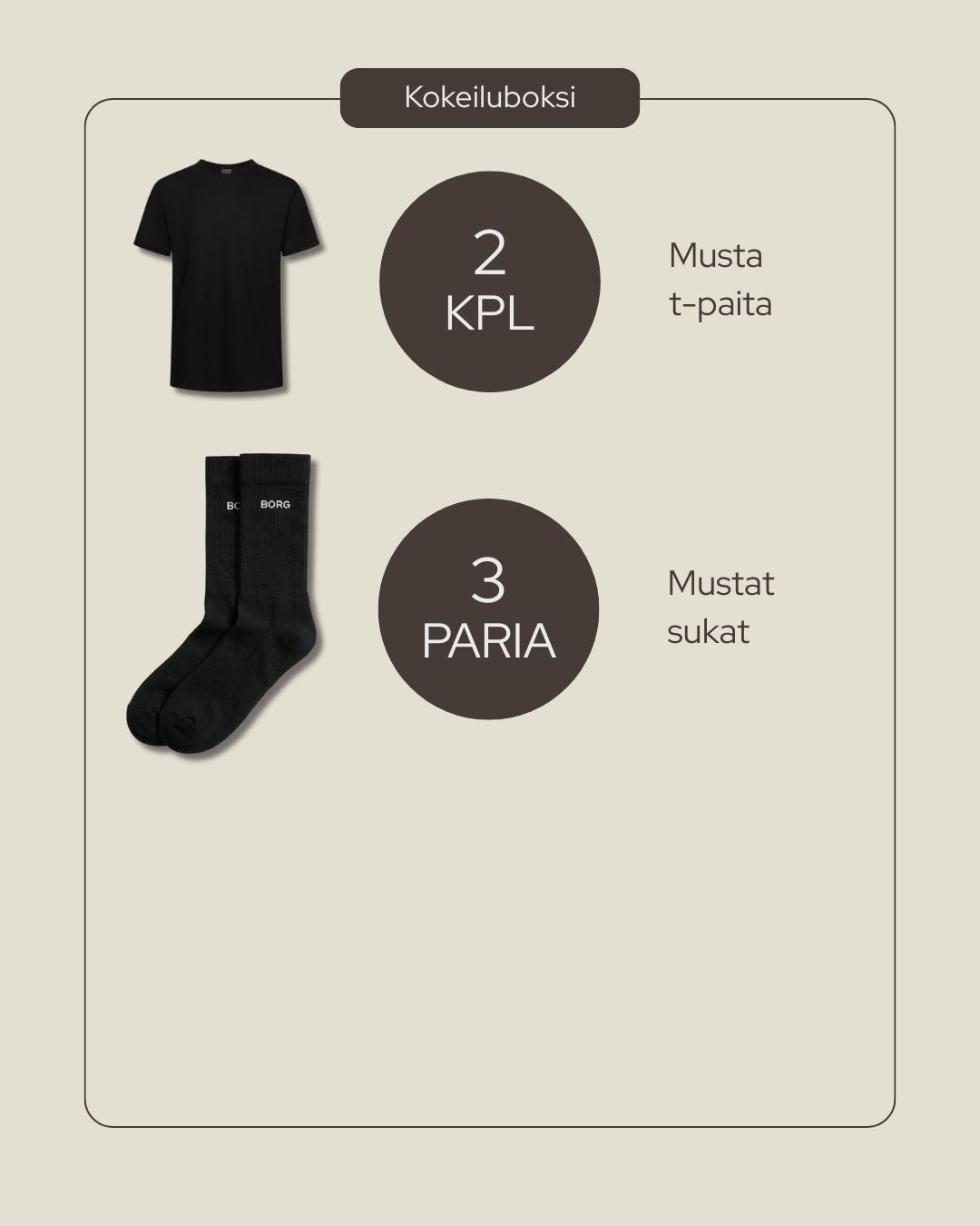 Kokeiluboksi (2 t-paitaa, 3 paria sukkia)